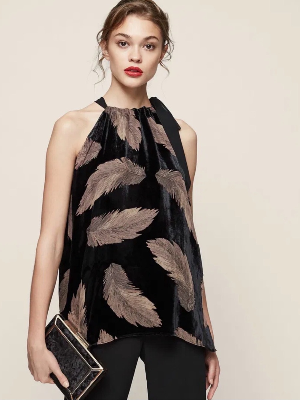 REISS Essie Feather Burnout Print Burnout Top Silk Bow Feminine Cocktail Size 0